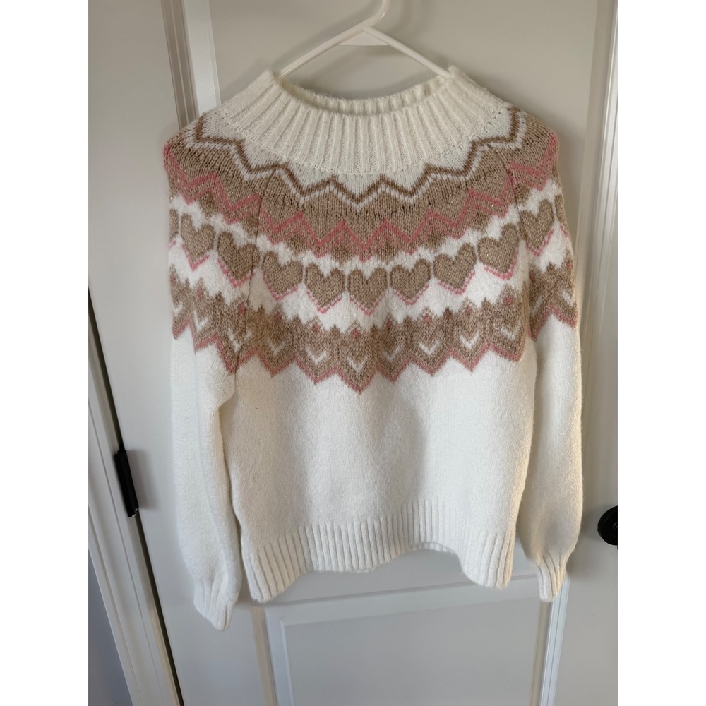 Loft Heart Fair Isle Sweater Cream Pink Metallic Mock Neck Small 37605476